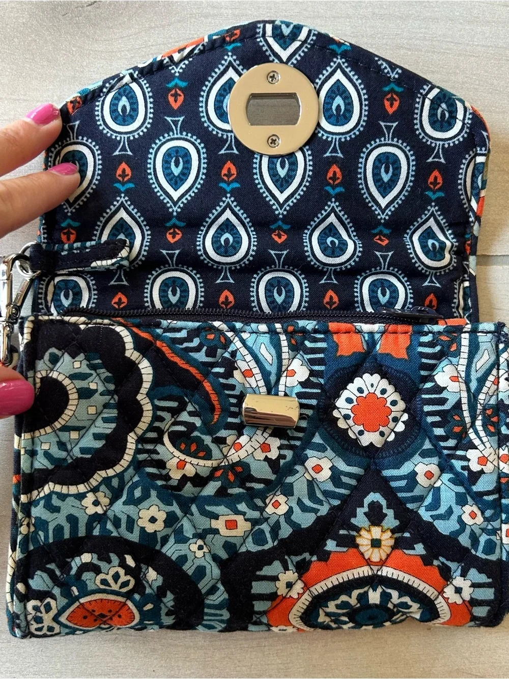 Vera Bradley Blue Orange Marrakesh Pattern Turnlock Quilted Wristlet Clutch
